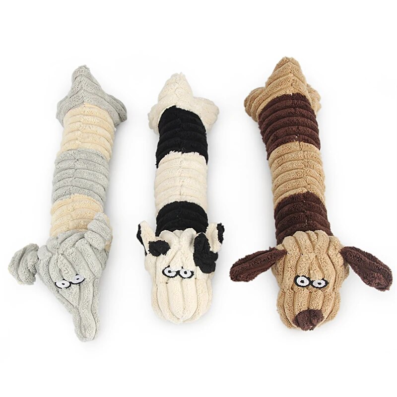 Long Corduroy Interactive Squeaky Dog Toy - Cow, Dog & Elephant available