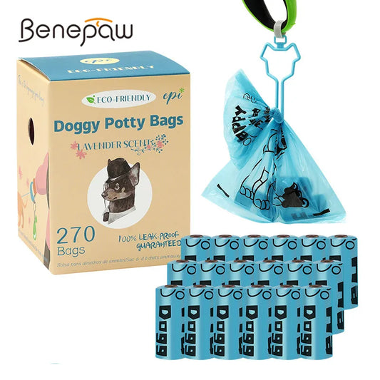 Benepaw Biodegradable Eco-friendly Dog Poop Bags with Free Clip - Leak-Proof Strong & Easy to Tear - 120/270 Pieces