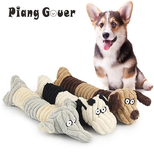 Long Corduroy Interactive Squeaky Dog Toy - Cow, Dog & Elephant available