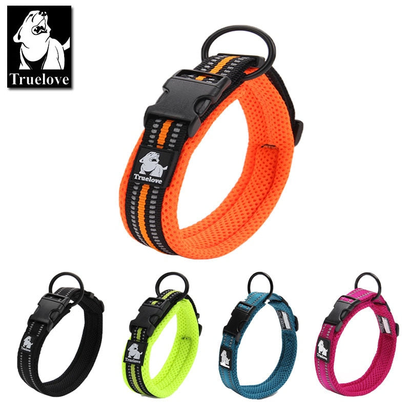 Truelove Adjustable Mesh Padded Dog Collar (Black) - 3M Reflective Nylon, Durable, Heavy Duty for all breeds