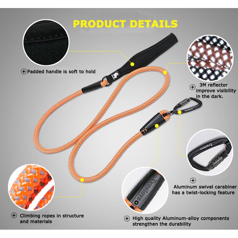 Truelove nylon rope dog leash - Reflective with soft handle for medium to large dogs