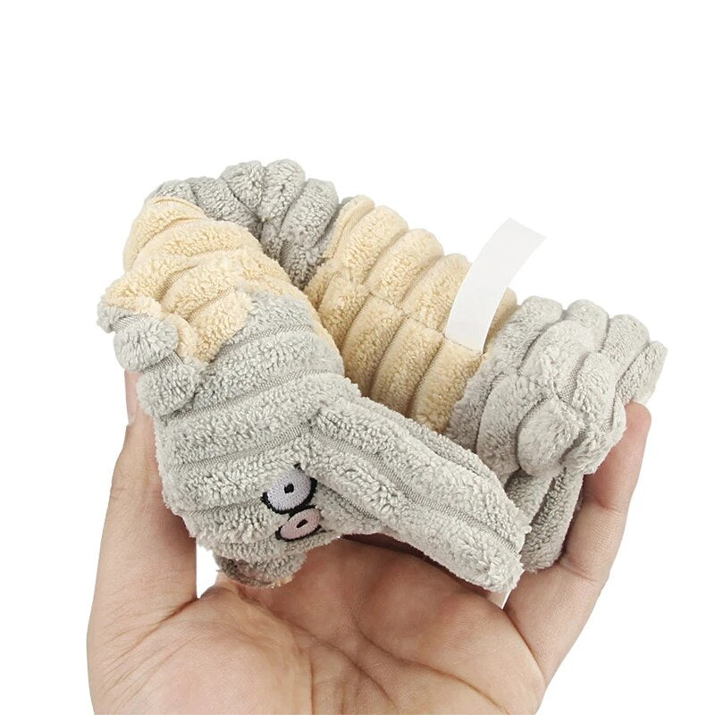 Long Corduroy Interactive Squeaky Dog Toy - Cow, Dog & Elephant available