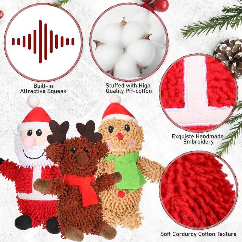 Benepaw Christmas Plush Stuffed Dog Toys -  Santa, Reindeer, Gingerbread Man, Squeaky Puppy / Dog Toys For Small, Medium & Large Dogs