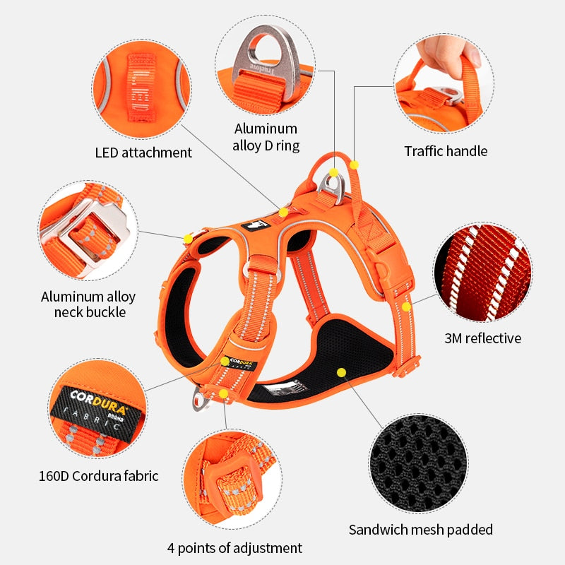 TRUE LOVE No Pull Nylon Reflective Dog Harness (Orange) - Adjustable Comfortable Control Step-in TLH5654