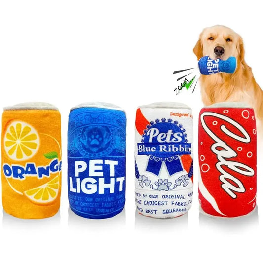 Novelty Interactive Plush Squeaky Dog Toy in the style of Drinks cans. Various options available.