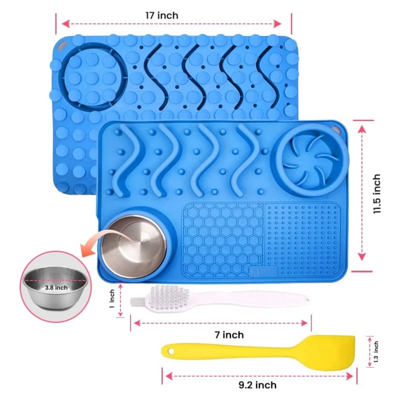 Large Licking Mat with Stainless Steel Bowl Silicone Spatula - Various colours available