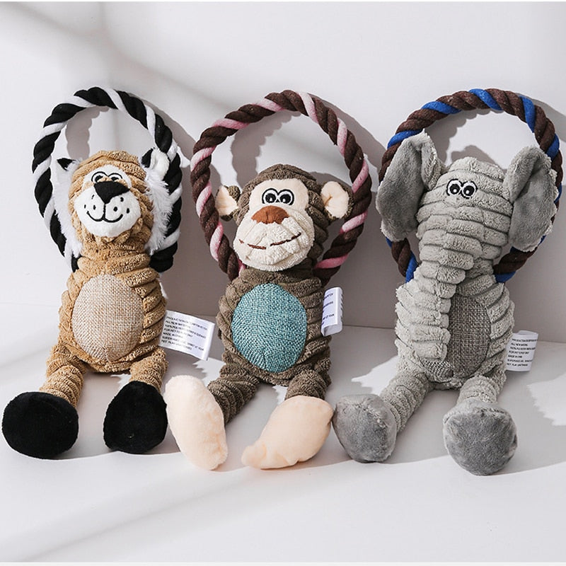 Lion, Monkey & Elephant Interactive Training Squeaky Dog Rope Toys for Small / Medium Dogs