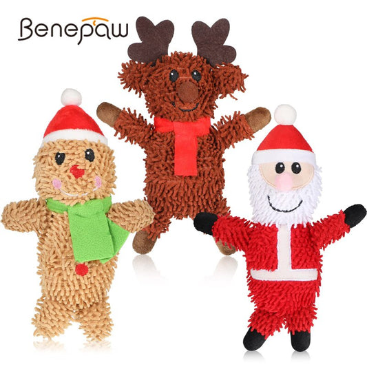 Benepaw Christmas Plush Stuffed Dog Toys -  Santa, Reindeer, Gingerbread Man, Squeaky Puppy / Dog Toys For Small, Medium & Large Dogs