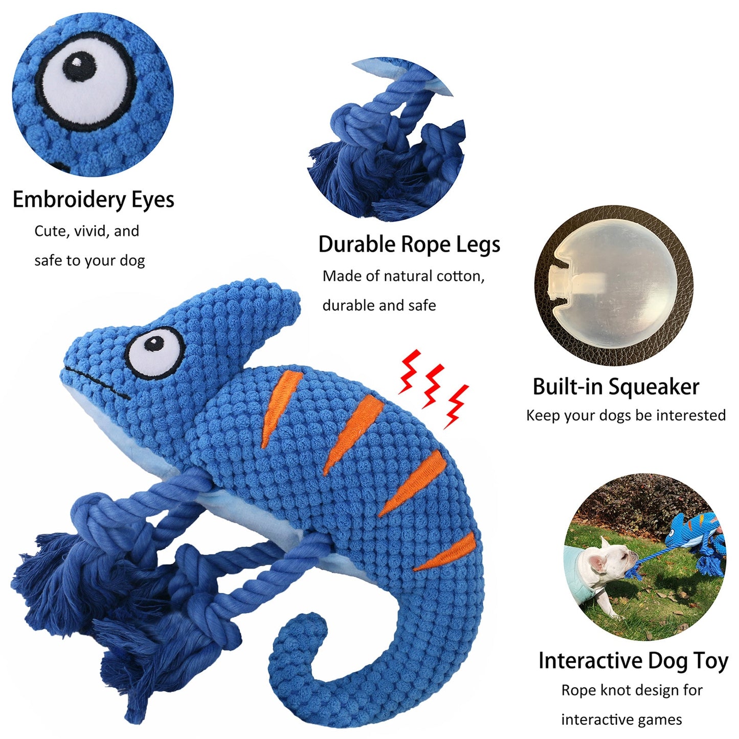 Chameleon Plush Interactive Squeaky Rope Dog Toy